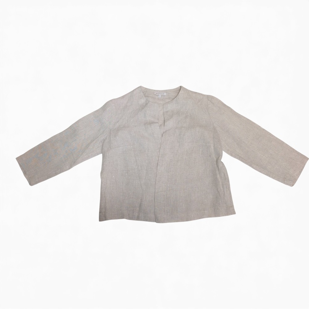 Menique Tan Linen-Blend Boxy 3/4 Sleeve Blouse -‎ M